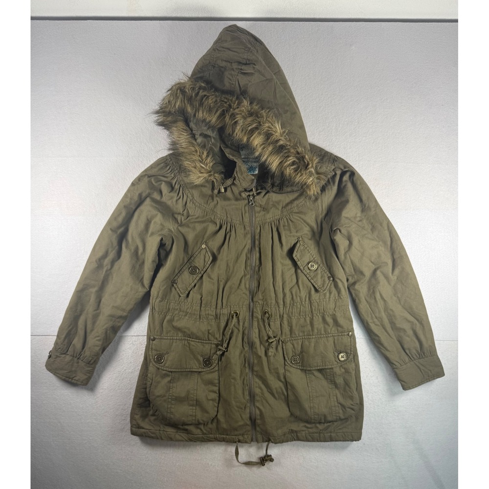 Sashimi Olive Green Utility Parka Jacket Faux Fur Trim Hood Women Size L